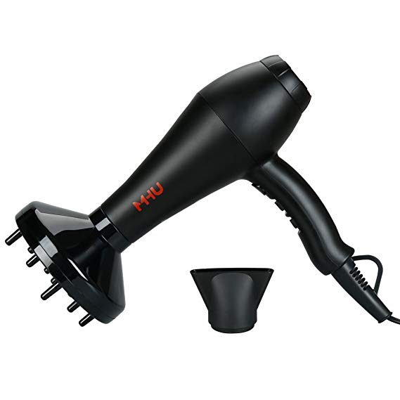 MHU 2nd Generation Pro Salon 1875W Fast Drying Hair Dryer Low Noise Ionic Ceramic Blow Dryer 2 Speed and 3 Heat Settings Ac Infrared Heat with Concentrator & Diffuser, Black