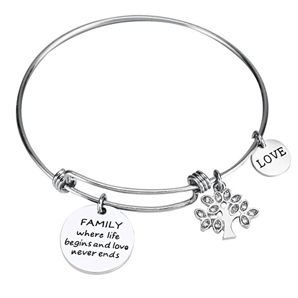 Udobuy Expandable Family Tree Charm Bangle - Family Where Life Begins And Love Never Ends" And "Love" Inscriptions Bracelet