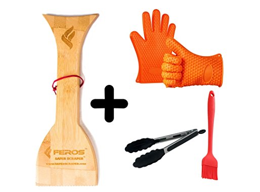 FEROS KIT – (4 items!) Safer Scraper Wood BBQ Wooden Grill Cleaner AND Silicone BBQ Gloves, Tongs, and Basting Brush for BBQ, Oven, Grill, Cooking, Baking, Frying
