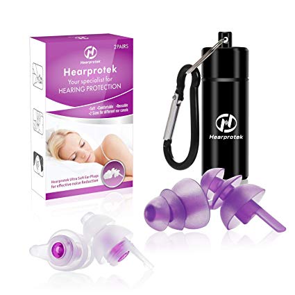 [2019 New Design] Sleeping Ear plugs, Hearprotek 2 Pairs ear plugs (32db & 30db) ultra soft noise reduction and hearing protection earplugs for side sleepers, snoring, travel, working, safety (Purple)