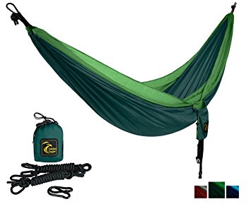 LAUNCH PRICE - Double Camping Hammock - Lightweight Parachute Portable Hammocks for Hiking, Travel, Backpacking, Beach, Yard - Bonus: included hanging set. SWISS DESIGN.