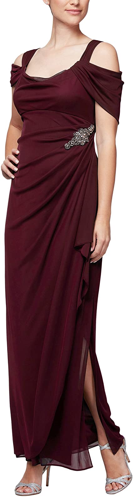 Alex Evenings Women's Plus Size Long Cold Shoulder Dress with Ruched Skirt