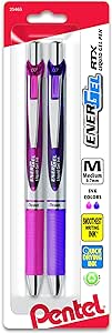 Pentel EnerGel RTX Retractable Liquid Gel Pen, Medium Line, Metal Tip, Pink/Violet Ink, 2-Pack (BL77BP2PV)