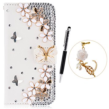 Galaxy J7 2016 Case, GrandEver Leather Case for Samsung Galaxy J7 2016 Cover Diamond Bling Shine Case Daisy Flower Butterfly Pattern Wallet PU Cover Flip Case Book Style Folio Durable Back Cover Holster Card Slots Stand Function with Magnet Closure Protective Case for Samsung Galaxy J7 2016  {Stylus Pen}  {Dust Plug}