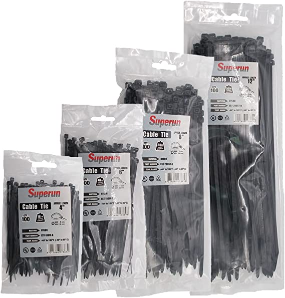Superun Cable Ties Set - 400 Packs Zip Ties Assorted Sizes 4 Inch, 6 Inch, 8 Inch, 12 Inch, Mix Packed Wire Ties Assortment Black