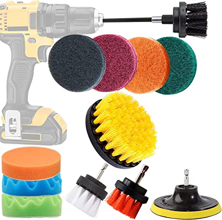 Drill Brushes for Cleaning, WEWINK CUKOO 14 Pcs Drill Brush and Scrub Pads, with Long Reach Attachment for Bathroom Shower Scrubbing, Carpet Cleaning, Grout Scrubbing, and Tile Cleaning