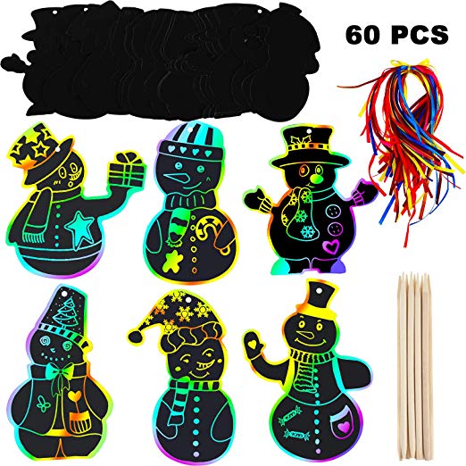 Mudder 60 Pieces Christmas Scratch Ornaments Paper Snowman Rainbow Art Magic Colorful Scratch Off with 60 Pieces Ribbons and 10 Pieces Wooden Styluses for Xmas DIY Decorations for Kids Gift Crafts