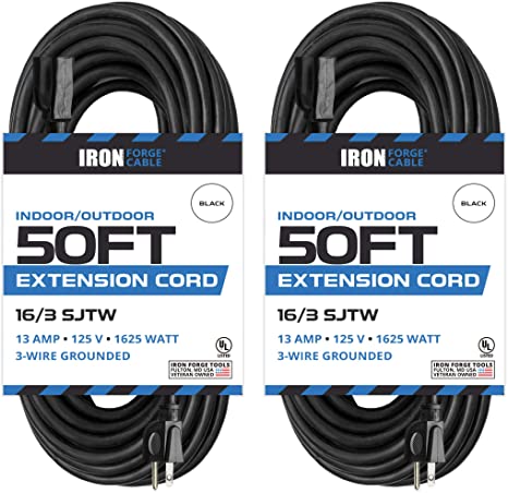 2 Pack of 50 Ft Black Extension Cord - 16/3 Durable Electrical Cable Pack