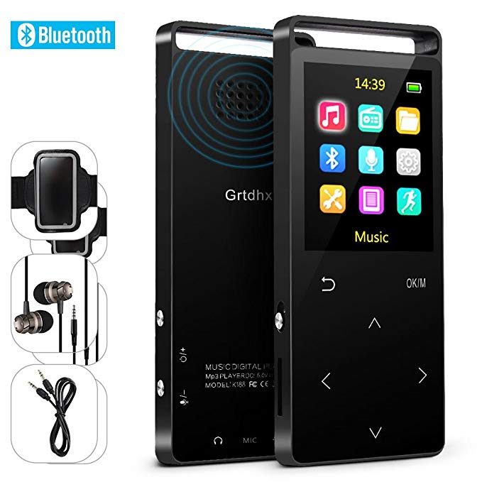 MP3 Players with Bluetooth ,8GB Music player with FM Radio/ Voice Recorder,HIFI Lossless Sound Quality ,Metal, Alarm Clock, Touch button, HD Sound Quality Earphone , 2018 newest model, with an Armband, Black