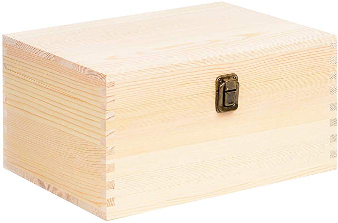 Extra Large Rectangle Unfinished Pine Wood Box Natural DIY Craft Stash Boxes with Hinged Lid and Front Clasp for Arts Hobbies and Home Storage-10.71x8x5.66 Inches