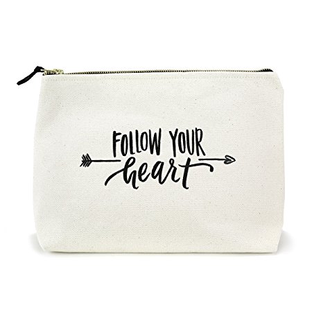 Canvas Makeup Bag with Quote and Brass Zip, Extra Large (Natural - Follow Your Heart)