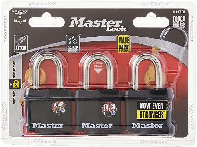 Master Lock 311TRI Keyed Alike Laminated Steel Padlock , 3-Pack , Black