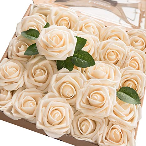 Ling's moment Artificial Flowers Cream Roses 50pcs Real Looking Fake Roses w/Stem DIY Wedding Bouquets Centerpieces Arrangements Party Baby Shower Home Decorations