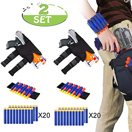 POKONBOY Waistband Compatible with Nerf Guns - 2-Pack Kids Tactical Waist Bag Holster Kit, 2 Blaster Holster and 2 Dart Wrist Kits and 40 Bullets (Guns Not Included)