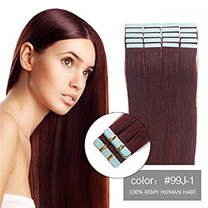 SHOWJARLLY Seamless Remy Tape in Hair Extensions Burgundy Real Human Hair 22inch Straight #99j Wine Red Tape on Skin Weft Hair Extensions (50g,20Pcs)