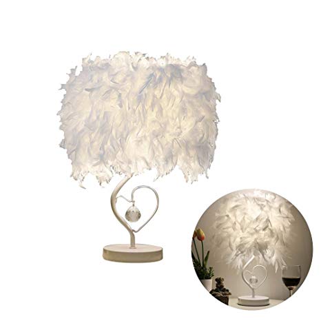 Table Lamp, Bedside Reading Room Sitting Room Heart Shape Feather Lampshade Crystal Light Desk Lamp with UK-plug
