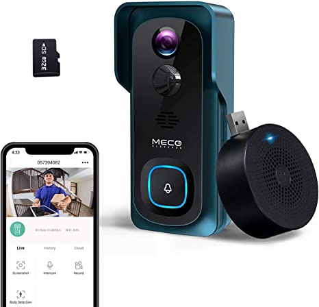 MECO 1080P Video Doorbell Camera Wireless Smart Doorbell with Chime, 32GB SD Card, PIR Motion Detection, 2-Way Audio, Night Vision, Waterproof, Green
