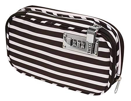 Vaultz VZ03816 Locking Diabetic/Medicine Soft Organizer Case, Multiple Zipper Pockets, Combination Lock, 5.7 x 2.2 x 9.25 Inches, Black/White Stripe