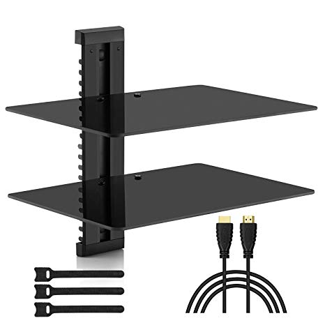 PERLESMITH AV Shelf - Double Floating Wall Mount Shelf - Holds up to 16.5lbs - DVD DVR Component Shelf with Strengthened Tempered Glass - Perfect for PS4, Xbox, TV Box and Cable Box