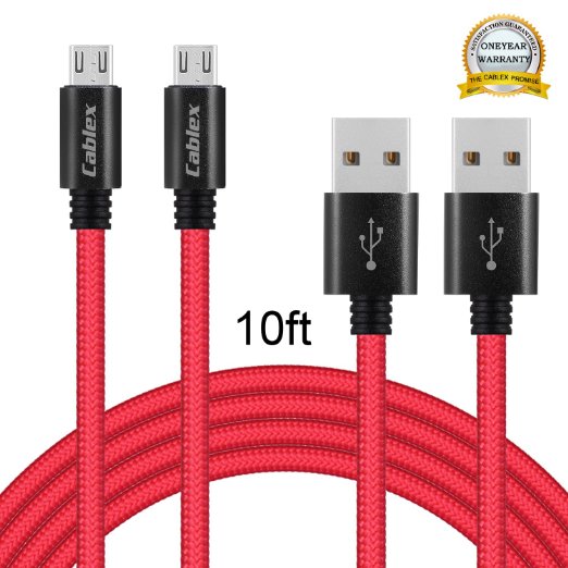 Cablex 2 Pack 10FT Nylon Braided Micro USB Cable High Speed USB 2.0 A Male to Micro B Data Sync and Charging Cable Cord Wire for Samsung, HTC, Motorola, Nokia, Android, and More (Red)
