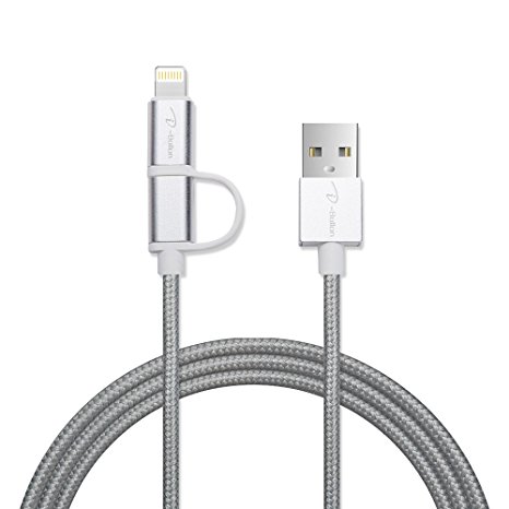 I-Bollon 3ft 2 in 1 Metal Nylon Braid USB Cable for iphone6 iPhone 6 Plus 5S 5C 5 4S, iPad Mini, Samsung Galaxy S5 S4 Note and more (Silver)