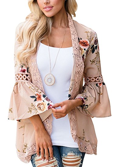 Floral Season Women Casual Fall Kimono Bell Sleeve Hollow Out Lace Short Cardigan
