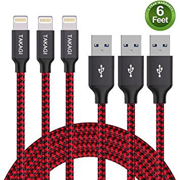 Lightning Cable，TAKAGI 3PACK 6FT iPhone Cable Nylon Braided Lightning Connector to Data Syncing Cord Compatible with and Fast Charging Cable for iPhone 7/7plus/6plus/6s/6s /5/5s/SE, iPad (Red)