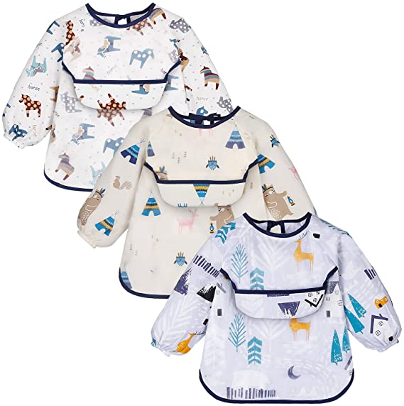 YOOFOSS Baby Bibs with Sleeves Waterproof Feeding Bibs 3 Pieces Painting Apron Bibs Unisex Baby Dribble Bibs for Infant Toddler 6 Months to 2 Years Old