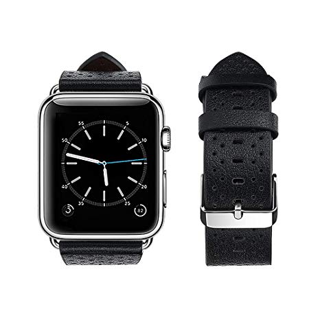 top4cus Genuine Leather Replacement iwatch Band with Secure Metal Clasp Buckle for Apple Watch, iwatch Band for Apple (42mm, Holes - Black)