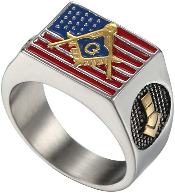 Mens Stainless Steel Colorful Epoxy American Flag Rings Freemasonry Masonic Logo Engraved
