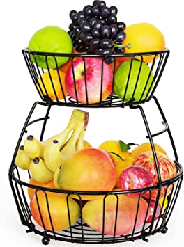 2 Tier Fruit Basket, Cambond Wire Fruit Basket Bowl for Storing & Organizing Vegetables, Eggs in Countertop Storage, Black