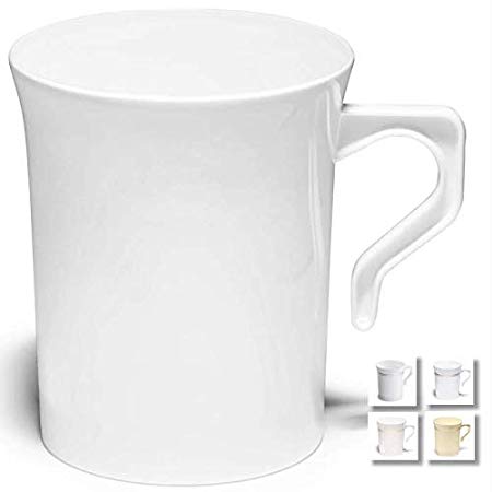 " OCCASIONS" 120 Mugs Pack, Heavyweight Disposable Wedding Party Plastic 8 oz Coffee Mugs/Tea Cups/Cappuccino Cups/Espresso Cup with Handles (8 oz Mugs, Plain White)