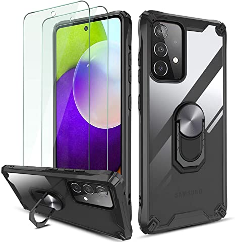 QHOHQ Case for Samsung Galaxy A52 4G/5G with 2 Pack Tempered Glass Screen Protector,[360° Rotating Stand] [5 Times Military Grade Anti-Fall Protection],Transparent Hard PC Back,Soft TPU Edge -Black