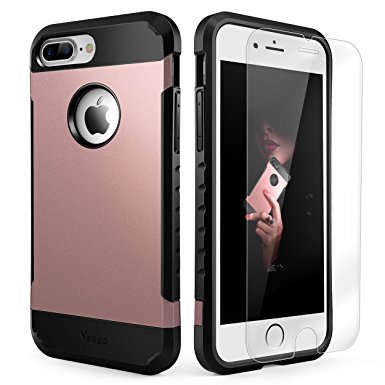 iPhone 7 Plus Case Shockproof, Slim Anti-Scratch Protective Kit with [Tempered Glass Screen Protector] Heavy Duty Dual layer Rugged Case Non-slip Grip Protection Cover for iPhone 7 Plus-Rose gold