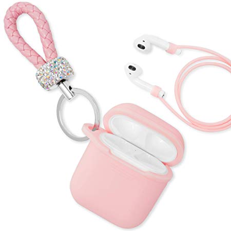 Airpods Case Cover, ZAHIUS Airpods Silicone Accessories with Glittery Keychain[Protective Case, Anti-Lost Strap, Shiny Keychain] for Apple Airpod[1&2 Version] (Pink)
