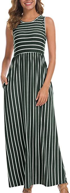 levaca Women's Summer Sleeveless Striped Pockets Loose Swing Casual Maxi Dress