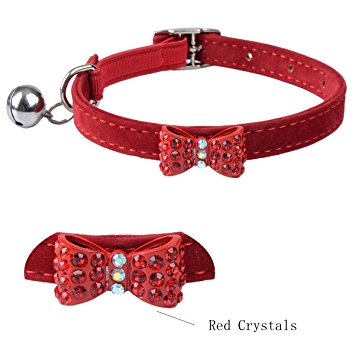 EXPAWLORER Velvet Bowtie Crystal Fashion Puppy Cat Collars Safety Elastic Bell 8-10.5"