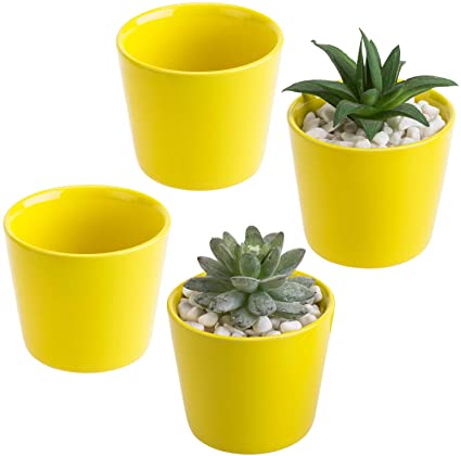 MyGift 3.5-inch Small Cylindrical Yellow Ceramic Flower Planter Pots, Set of 4