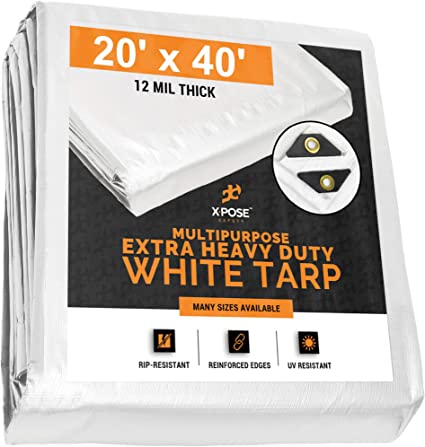 Heavy Duty White Poly Tarp 20' x 40' Multipurpose Protective Cover - Durable, Waterproof, Weather Proof, Rip and Tear Resistant - Extra Thick 12 Mil Polyethylene - by Xpose Safety