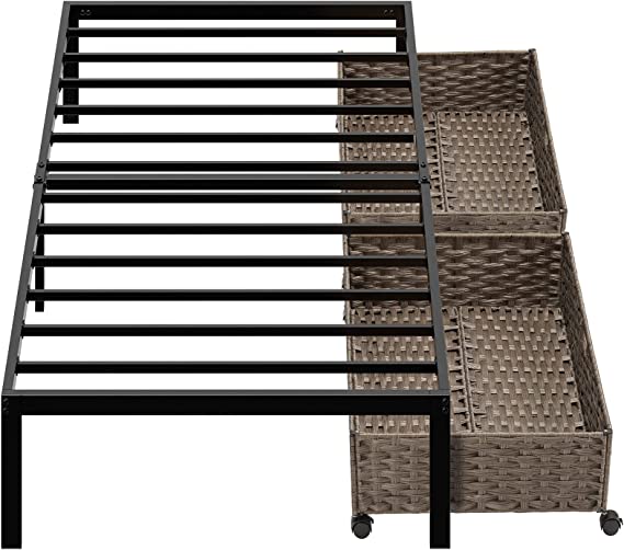 Rolanstar Twin Bed Frame, Metal Platform Frame with 2 Rattan Baskets, Heavy Duty Steel Slat, Storage Space Beneath Bed up to 350LBS, Anti-Slip Support,No Box Spring Needed, Noise Free, Black