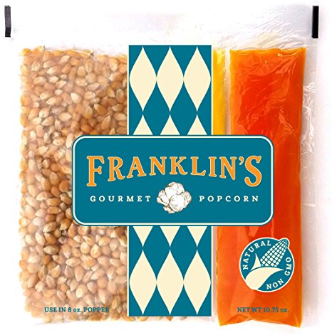 Franklin's Gourmet Movie Theater Popcorn. Organic Popping Corn, 100% Coconut Oil, & Seasoning Salt. Pre-Measured Portion Packs (Pack of 24).
