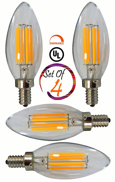 SleekLighting 6 Watt E12 LED Filament Candelabra Light Bulb,dimmable (60W Incandescent Replacement) Warm White 2700K Chandelier Torpedo Tip, Clear Glass Cover 4pack