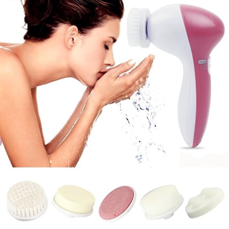 Emontek Face Massager, Facial Scrubber Skin Care 5 in 1 Multi-Function Portable, Electrical Facial Skin Care Equipment Kit with Facial Latex Brush Cosmetic Sponge