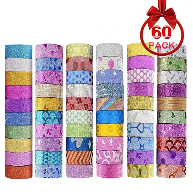 ONEST Designs Christmas 60 Rolls Glitter Washi Masking Tape Set, Glitter Decorative Paper Tapes for Arts and Crafts, Scrapbooking, Bullet Journal, Calendar, Planner, Gift Wrapping, Party, Holiday