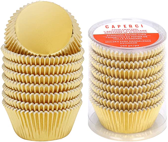 Caperci Standard Cupcake Liners Gold Foil Muffin Baking Cups 160-Pack - Premium Greaseproof & Sturdy Cupcake Papers