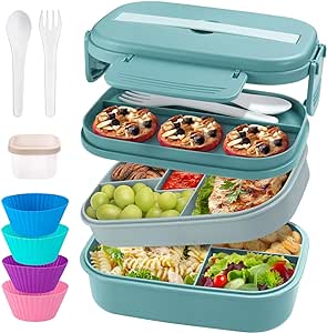 Bento Box Adult Lunch Box, Stackable Lunch Container for Adults Men Women Kids, 63oz 3 Layer Large Lunch Box Container with Utensil Set, Sauce Container, Muffin Cups, Green
