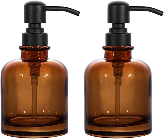 2 PCS Thick Amber Glass Jar Soap Dispenser with Matte Black Stainless Steel Pump, 12ounce Boston Round Bottles Dispenser with Rustproof Pump for Essential Oil (Matte Black)