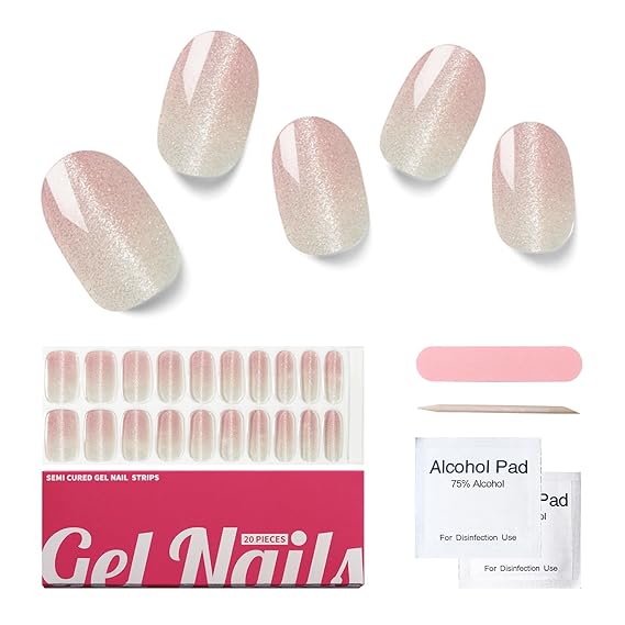 Semi Cured Gel Nail Strips, 20 PCS Gel Nail Stickers Work with UV Light, Gel Nail Wraps, Salon Quality & Easy to Use - Roseate Romance