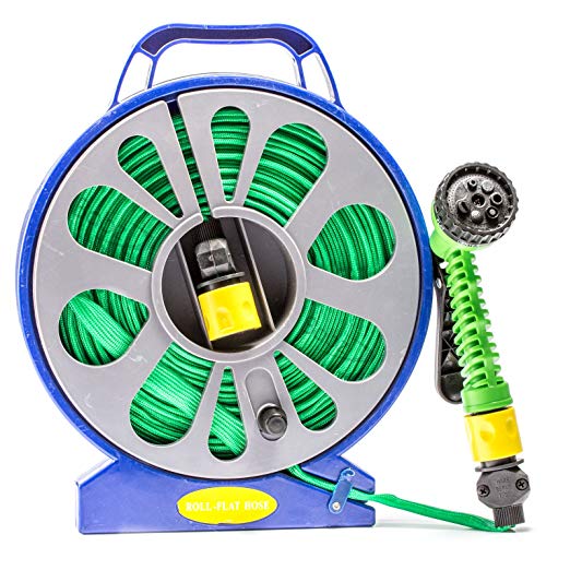 Babz 50ft (15m) Garden Flat Hose and Spray Nozzle with Reel Easy Wind Reel With 7 Settings 50 ft