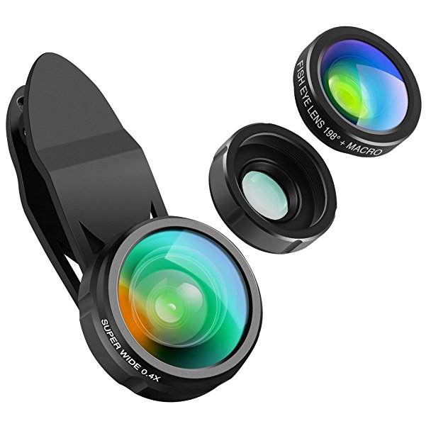 KeeKit Cell Phone Camera Lens Kit, 3-IN-1 Phone Lens with 198° Fisheye Lens   0.4X 140° Wide Angle Lens   15X Macro Lens for iPhone 8/7/7 Plus/6S/6/6 Plus/5S, Samsung Galaxy/Note & Most Smartphones